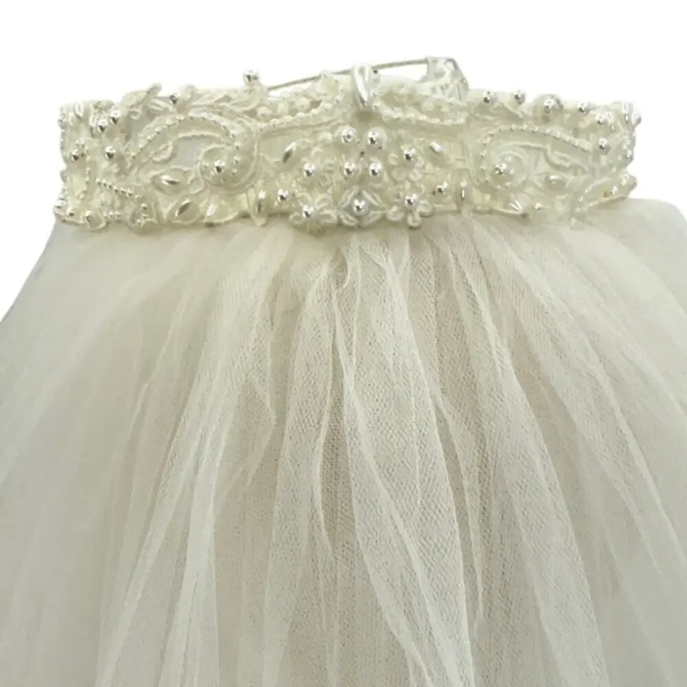 Vintage 70s Bridal Veil Pearl Lace Wedding Headpiece Double Layer
